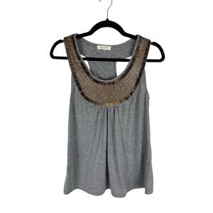 Sugar lips grey tank with brown / gold beaded neckline - size s